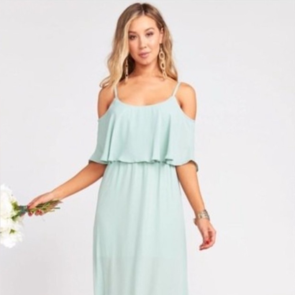 Show Me Your Mumu Caitlin Ruffle Maxi Dress Med‎ Seafoam Bridal Formal Lined